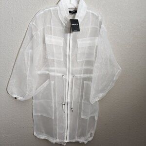 Forever 21 Zip-Up Jacket Large Sheer White Drawstring Waist Pockets